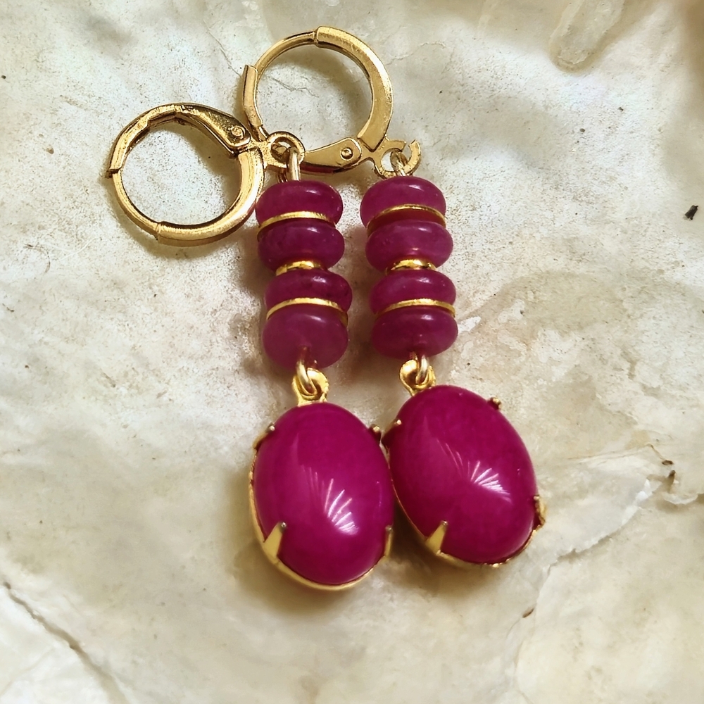 Fuchsia Hot Pink Jade In Drop Down 18K Gold Plated Earrings - Picture 3 of 7
